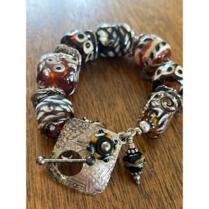 Vintage Artisan Lampwork Glass Bead Bracelet Earthy Amber Black Silver clasp